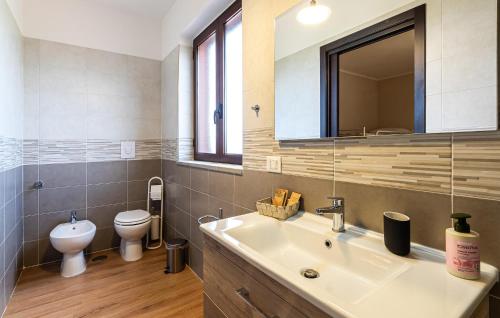a bathroom with a sink and a toilet and a mirror at Pet Friendly Home In Torchiara in Torchiara