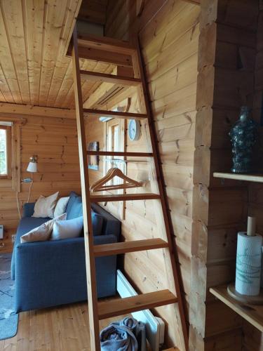 Una escalera que conduce a una litera en una cabaña de madera en Apteekkarinmökki en Forssa