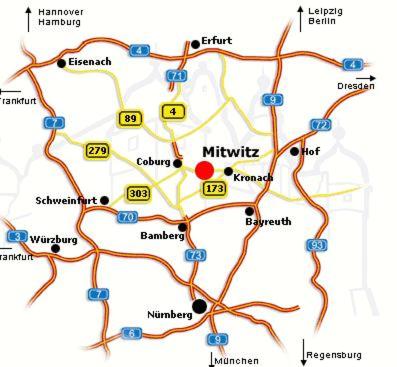 a map of the city of munich with a red dot at Hotel Gasthof Wasserschloß in Mitwitz