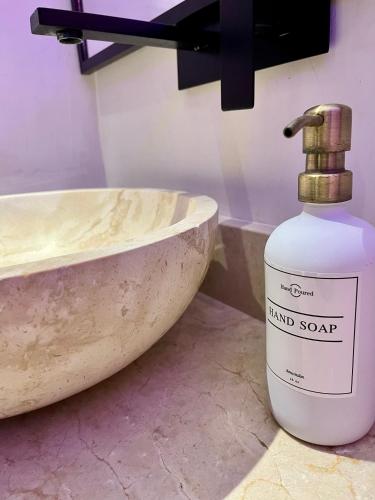 a bottle of hand soap next to a sink at VILLA MERIDA BOUTIQUE HOTEL - Adults Only in Mérida