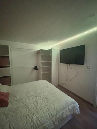 une chambre avec un lit et une télévision à écran plat dans l'établissement Appartement, à Marseille