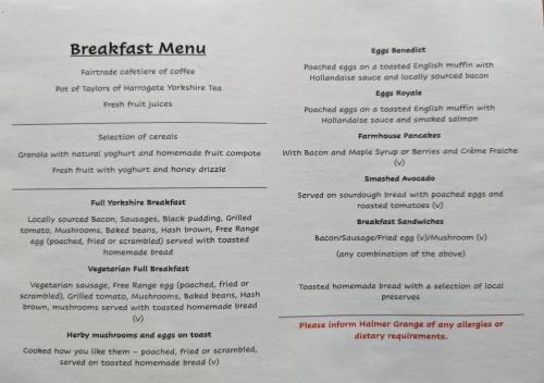a menu for the breakfast menu at Halmer Grange Guest House in Goathland