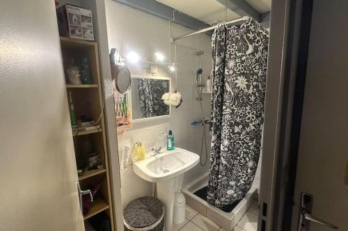 une salle de bain avec un lavabo et un rideau de douche dans l'établissement Agréable pavillon T3 Gruissan, à Gruissan