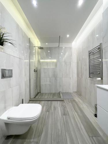 a white bathroom with a toilet and a shower at Trigon Palace in Budapest
