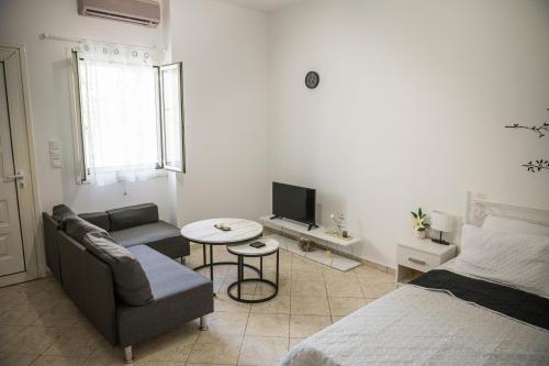 a bedroom with a bed and a couch and a tv at Happy Room-2' from sea in Kalamata