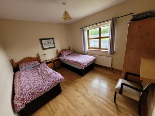a bedroom with two beds and a window at Roadside Cottage The Burren Kilfenora County Clare in Kilfenora