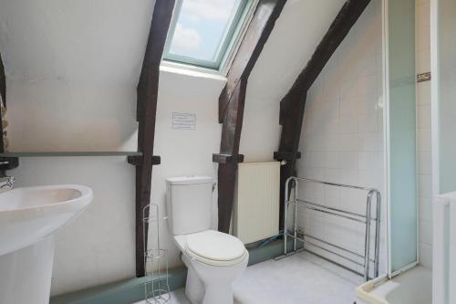 a bathroom with a toilet and a sink and a window at Cornouaille / Domaine la Blanche Hermine in Plounérin