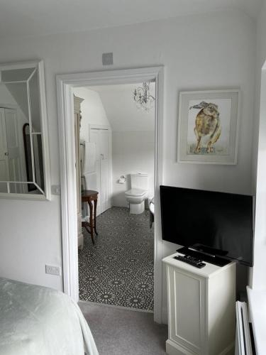 a bedroom with a bathroom with a toilet and a television at Frinton45 in Frinton-on-Sea