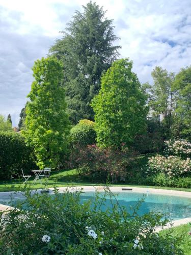 a swimming pool in a garden with trees at Al vecchio fienile in Fagagna
