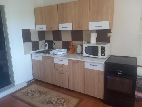 a small kitchen with a microwave and a stove at Narcise kulcsoshaz in Joseni