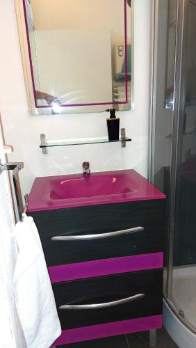 une salle de bain avec un lavabo rose et un miroir dans l'établissement à 10mn des arènes f2 au calme avec garage gratuit, à Nîmes