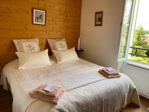 a bedroom with a bed with two towels on it at Le Verger Grimaldin in Grimault