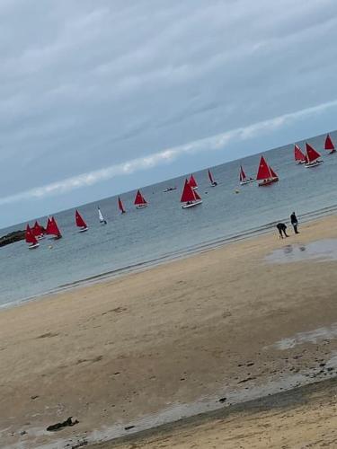 a group of red sailboats in the water on a beach at Clydfan No 1 Trearddur Road in Trearddur