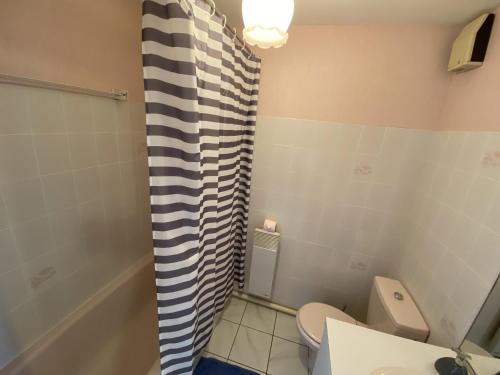une salle de bain avec toilettes et rideau de douche dans l'établissement Studio face mer - PROCHE PLAGE - Quartier Arago, à Les Sables-dʼOlonne