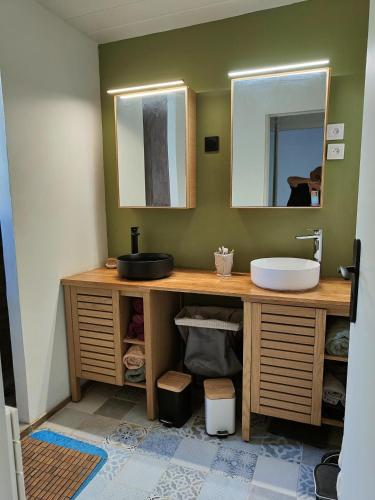 une salle de bain avec un lavabo et un miroir dans l'établissement Frontignan villa rez de chausée avec exterieur privatif, Plage 4km, à Frontignan