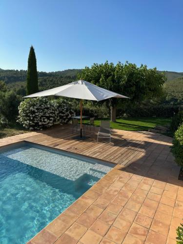 - une piscine avec un parasol, une table et une chaise dans l'établissement Villa Romarin, à Laouque