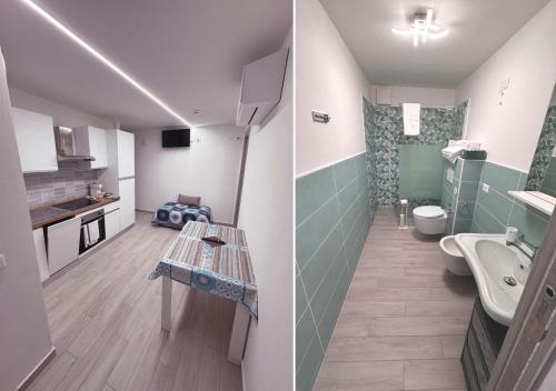 Duas fotografias de uma casa de banho com um lavatório e um WC. em chiAma Hotel em Rimini