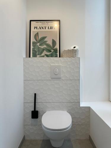 a bathroom with a toilet and a picture on the wall at Appartement de la gare in Remiremont