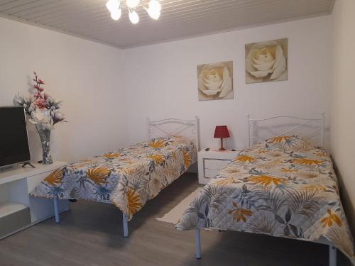 a bedroom with two beds and a desk with a tv at O Cantinho da Auzenda in Torre de Moncorvo