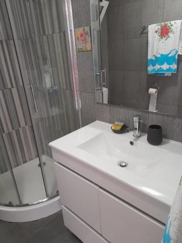 a bathroom with a white sink and a shower at O Cantinho da Auzenda in Torre de Moncorvo
