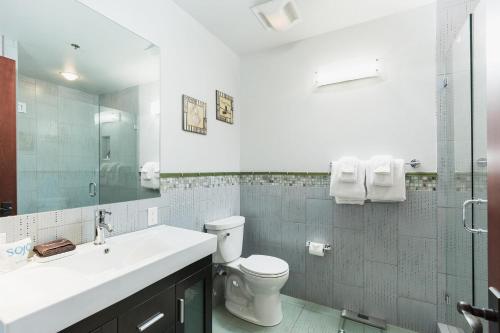 ein Badezimmer mit Toilette, Waschbecken und Spiegel in der Unterkunft 766 Main Avenue Unit 202 in Durango