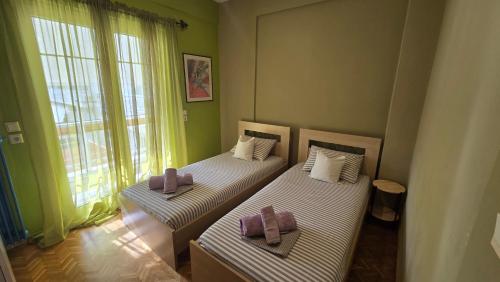 two twin beds in a room with green walls at Catherine's Beachfront Apartment by Optimum Link in Paralia Katerinis