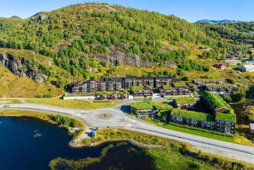 an aerial view of a town with a mountain at Cozy Apartment near alpine and trails in Sirdal in Sinnes