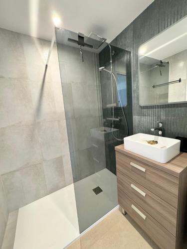 une salle de bain avec un lavabo et une douche en verre dans l'établissement Très bel appartement tout confort à Juan les Pins, à Antibes