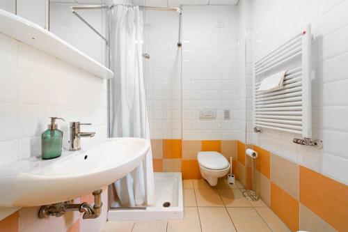 a bathroom with a sink and a toilet at Il Villaggio di ABITABO in Bologna