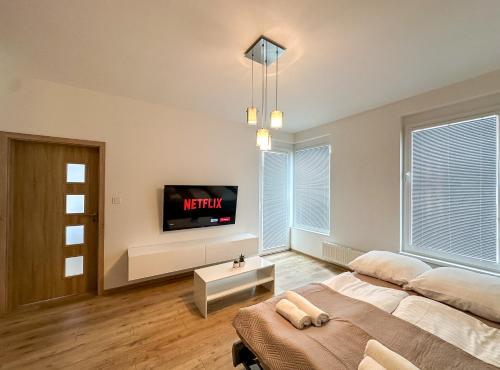 a bedroom with a bed and a tv on a wall at Simcity V I City center,garage,balcony & self check-in in Banská Bystrica