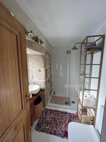 a bathroom with a shower and a sink and a mirror at Quintinha da Mariana - Charming in the Douro Valley in Cinfães