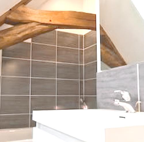 bagno con lavandino e specchio di Maison de 5 chambres avec jacuzzi jardin clos et wifi a Levroux a Levroux