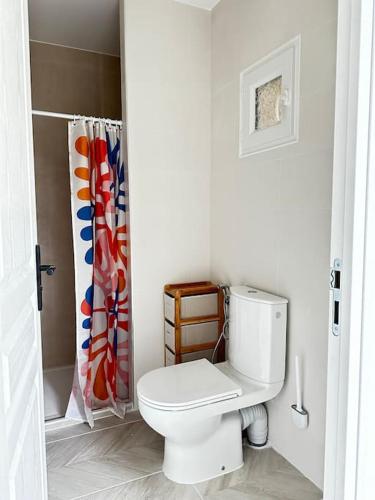 une salle de bain avec toilettes et rideau de douche dans l'établissement Gîte du Chat Roux, à La Chapelle-Saint-Martin-en-Plaine