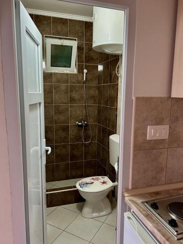 a small bathroom with a toilet and a shower at Apartmani Vedrana in Sutomore