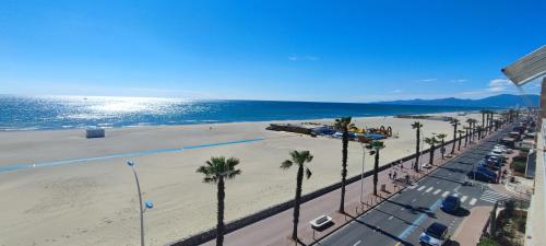 Una vista de una playa con palmeras y el océano. en "Le Merveille" Front de Mer-Clim-Wifi-Parking-Linge, en Canet-en-Roussillon