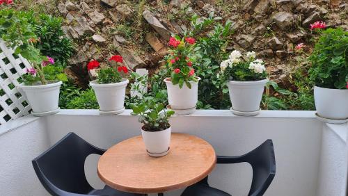 a table and chairs with potted plants on a balcony at Luxury Room's by Lika in Sarandë