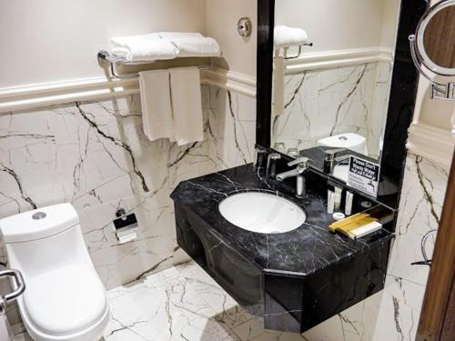 a bathroom with a sink and a toilet and a mirror at فندق ليان بارك Lian Park Hotel in Al Khobar