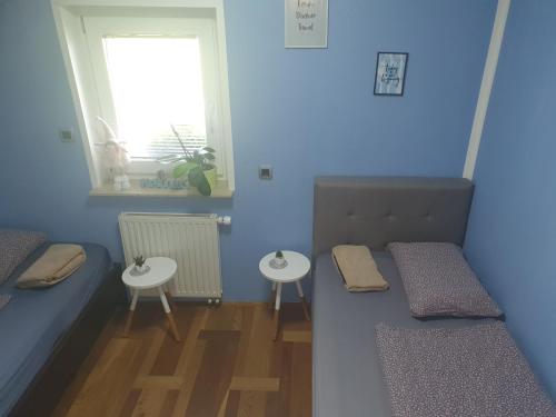 sypialnia z 2 łóżkami pojedynczymi i oknem w obiekcie Sanja apartment near to Ljubljana w mieście Preserje pri Radomljah
