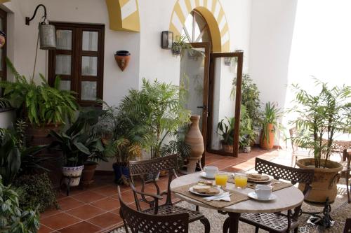 un patio avec une table, des chaises et des plantes en pot dans l'établissement Hotel San Miguel, à Cordoue