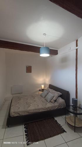 - une chambre avec un lit et une lumière bleue dans l'établissement Au cœur de Narbonne, à Narbonne