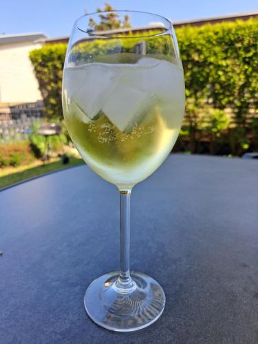 a glass of white wine sitting on a table at Chalet Callantsoog in Callantsoog