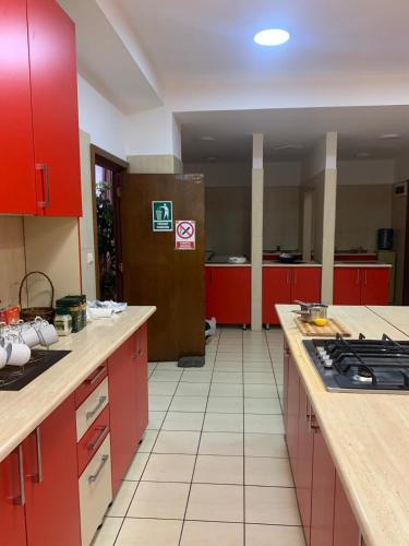 a kitchen with red cabinets and a stove in it at Pensiunea Mario in Moieciu de Sus