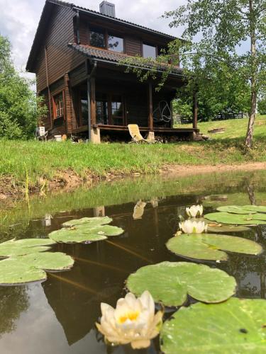 a house with lily pads in front of a pond at Liepų pirtis in Miežoniai