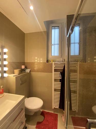 une salle de bain avec toilettes et douche en verre dans l'établissement Renovated Paris 16th flat, à Paris