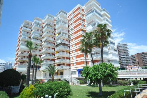 un gran edificio de apartamentos con palmeras en un parque en Apartamentos Estoril I - II Orangecosta, en Benicàssim