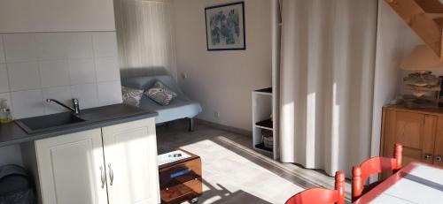 une cuisine avec un évier et un canapé dans une chambre dans l'établissement studio maisonnette, à Vaux-sur-Mer