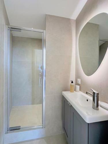 une salle de bain avec une douche, un lavabo et un miroir dans l'établissement Vue mer - Refait à neuf - Clim - Parking - 4 personnes, à Théoule-sur-Mer