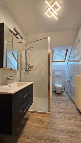 y baño con ducha, lavabo y aseo. en Villa Vanessa - Ferienwohnungen - Appartement, en Gösselsdorf