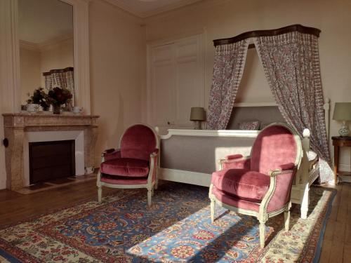 a living room with two chairs and a fireplace at Castle Of Saint Germain Des Rives in Saint-Germain-des-Rives