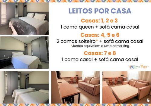 eine Collage mit vier Bildern eines Hotelzimmers in der Unterkunft Vila Maju espaço home office, garagem, próx.. UniAraxá, Fácil acesso in Araxá